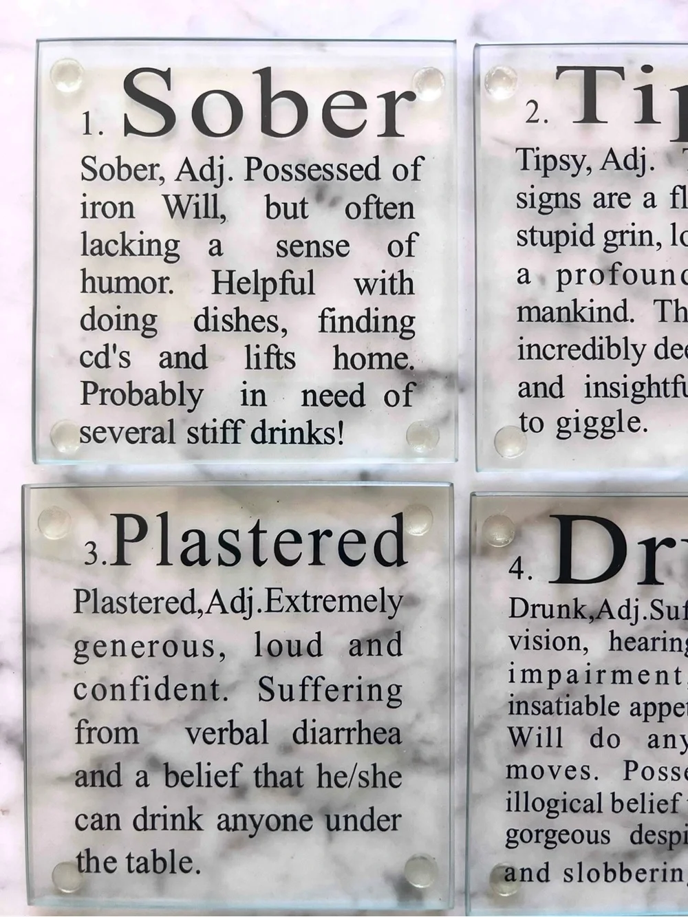 NEW! (6) Glass Drink Coasters - The Stages of Drinking Funny Gag Gift